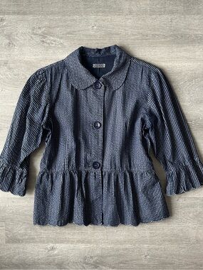 Y2K Pop Navy Textured Peplum Jacket 3/4 Sleeves Blazer